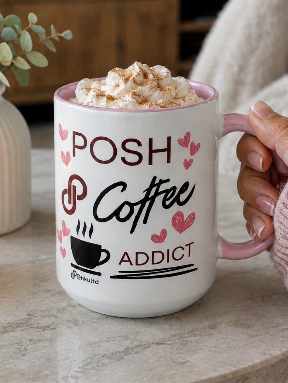 Coffee Addict 15oz Ceramic Mug Pink Handle Two Tone Reseller Coffee Lover Gift